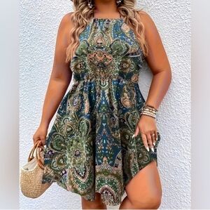 Bohemian Paisley Backless Dress in Green and Blue -NIP